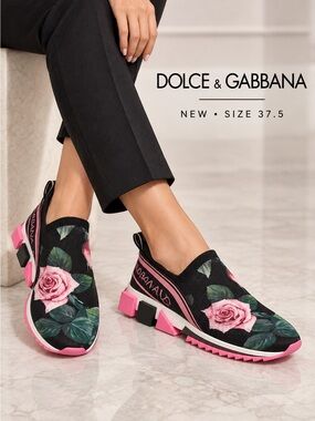 Dolce & Gabbana Black and Pink Rose Knit Slip-On Sneakers